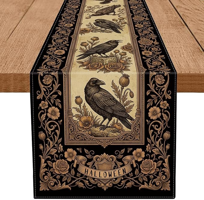 Halloween Table Runner Nostalgic Gothic Raven Crows Seasonal Burlap Table Decoration Vintage Traditional 90S Table Decor for Kitchen Dining Holiday Party 13×120 Inch